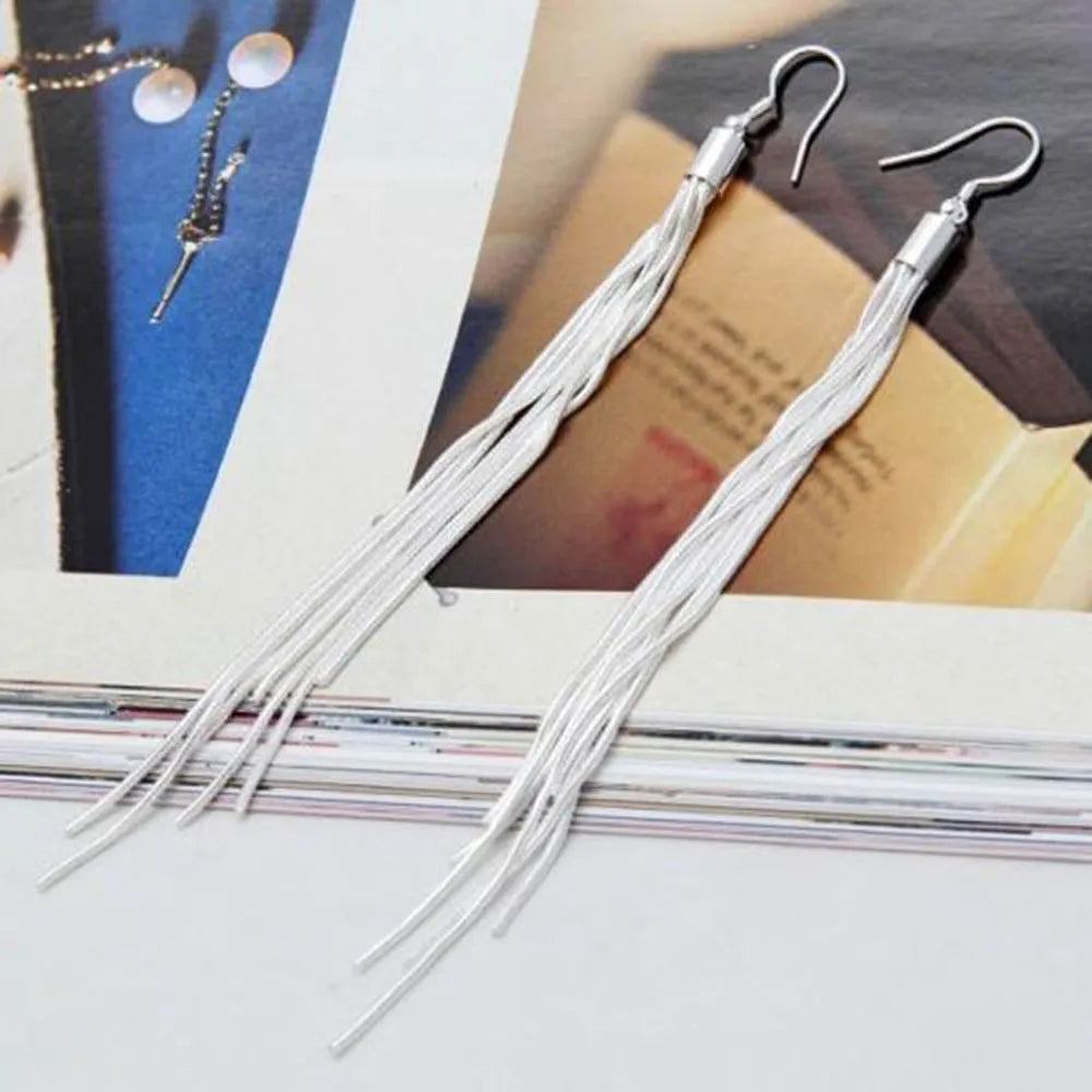 Elegant Jewelry Fashion Women Noble Tassels Silver Plated Long White Hook Dangle Chain Earrings Women Silver Plated 13.5cm