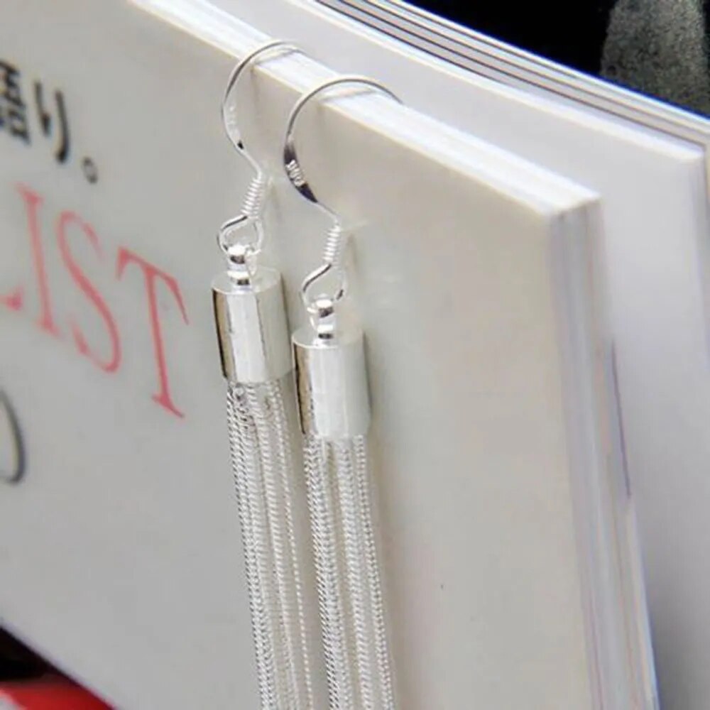 Elegant Jewelry Fashion Women Noble Tassels Silver Plated Long White Hook Dangle Chain Earrings Women Silver Plated 13.5cm