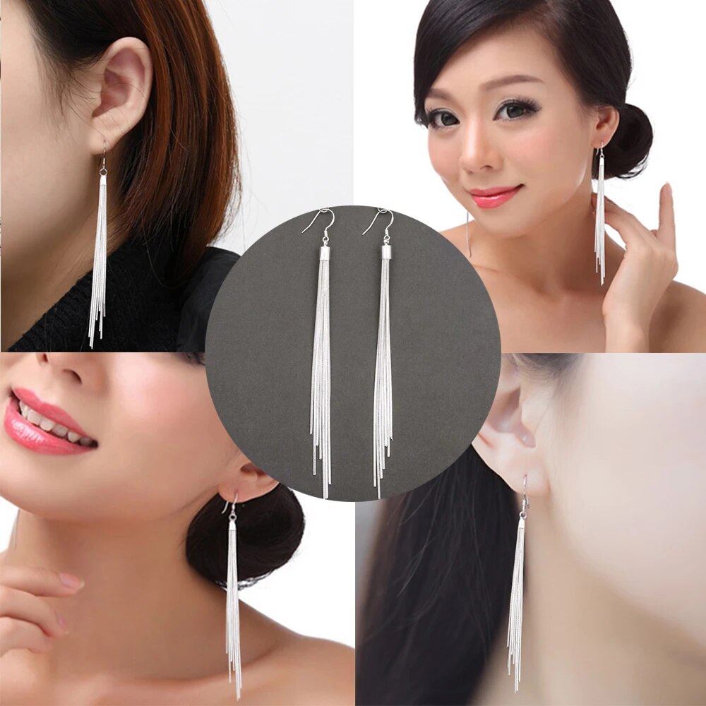 Elegant Jewelry Fashion Women Noble Tassels Silver Plated Long White Hook Dangle Chain Earrings Women Silver Plated 13.5cm