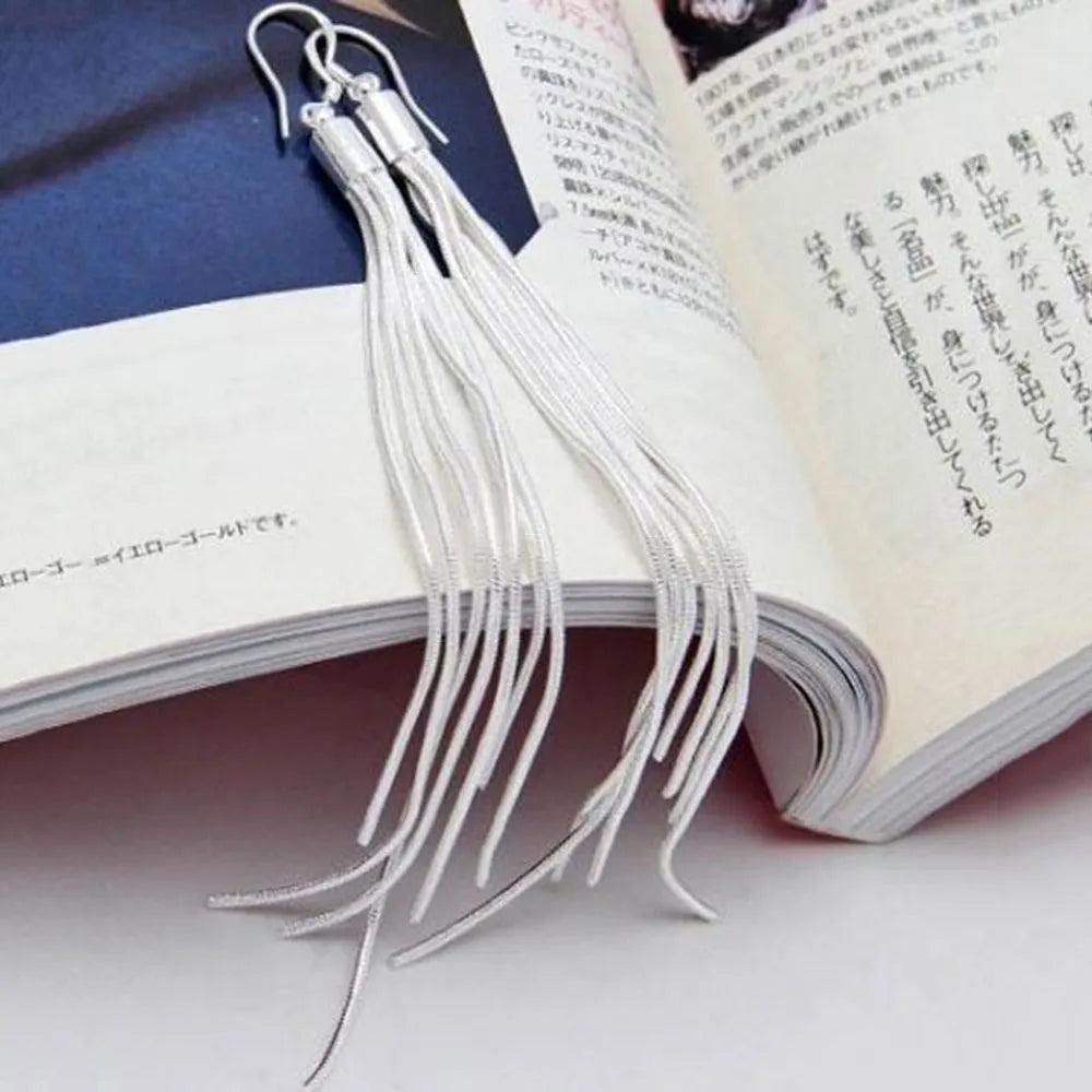 Elegant Jewelry Fashion Women Noble Tassels Silver Plated Long White Hook Dangle Chain Earrings Women Silver Plated 13.5cm