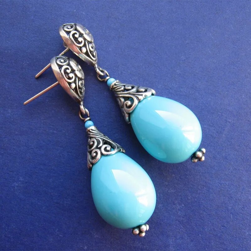 Vintage Metal Hand Carved Flower Pattern Earrings Women Green Stone Drop Earrings