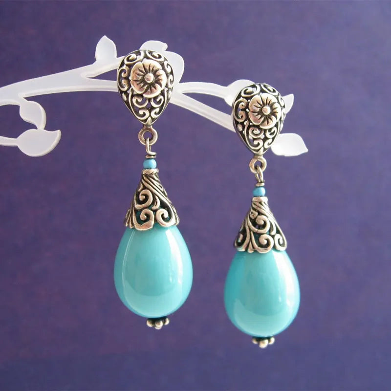 Vintage Metal Hand Carved Flower Pattern Earrings Women Green Stone Drop Earrings