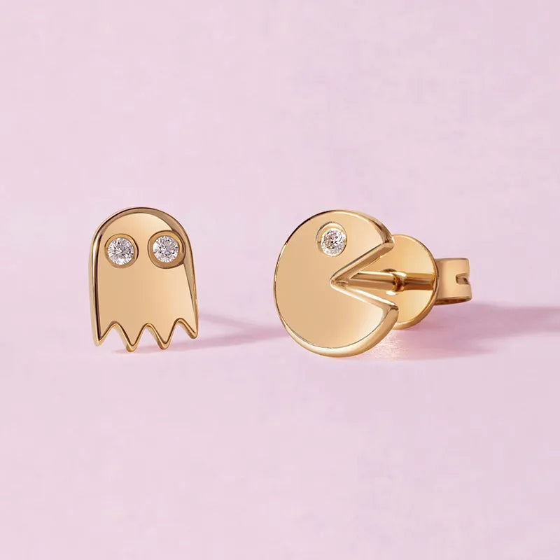HIMEISANG Silver Gold Filled Fun Pac-man Stud Earrings For Women Star Zircon Piercing Ear Cuffs Smiley Earring Jewelry Wholesale