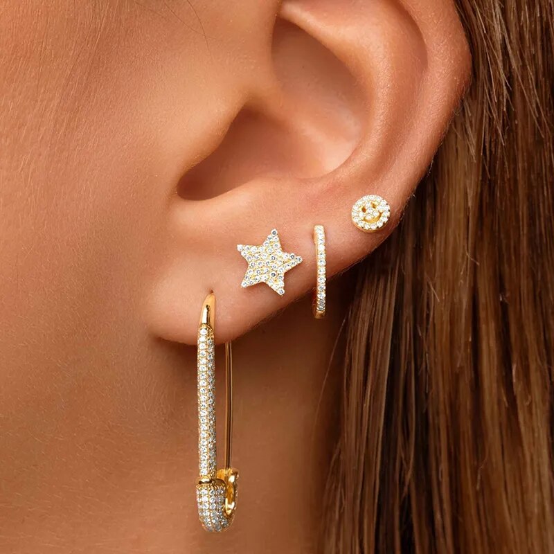 HIMEISANG Silver Gold Filled Fun Pac-man Stud Earrings For Women Star Zircon Piercing Ear Cuffs Smiley Earring Jewelry Wholesale