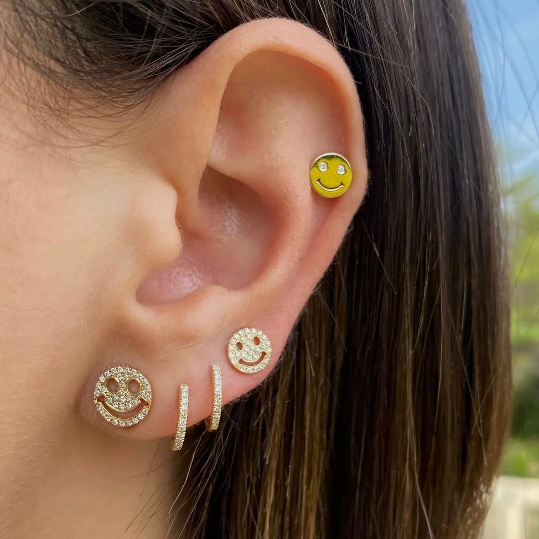 HIMEISANG Silver Gold Filled Fun Pac-man Stud Earrings For Women Star Zircon Piercing Ear Cuffs Smiley Earring Jewelry Wholesale