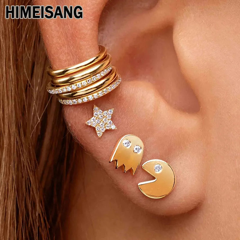 HIMEISANG Silver Gold Filled Fun Pac-man Stud Earrings For Women Star Zircon Piercing Ear Cuffs Smiley Earring Jewelry Wholesale